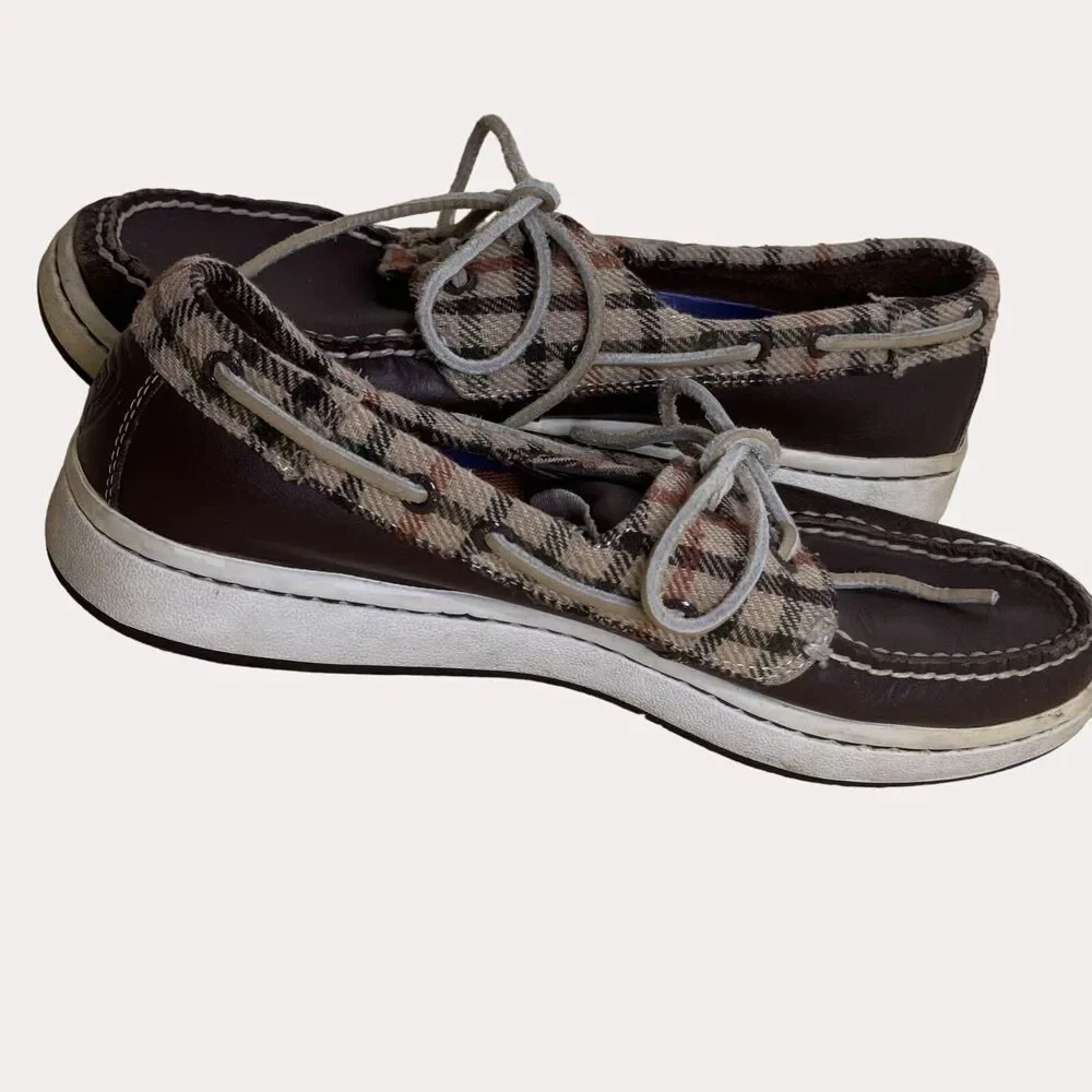 Sperry Top Sider Mens Loafers Boat Shoes Leather Plaid Brown 8 M